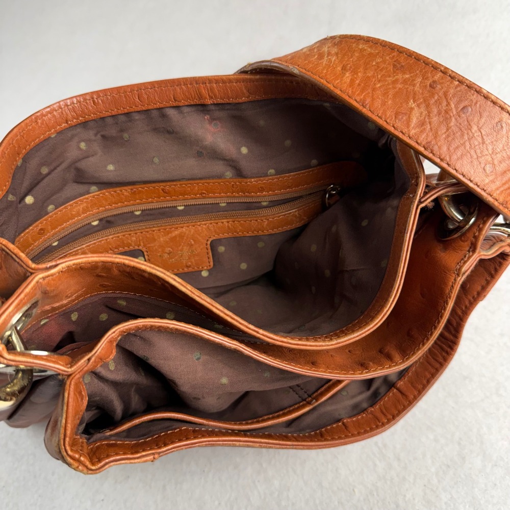 Kate Spade New York Cognac Leather Ostrich Embossed Hobo Shoulder Bag Brown - Picture 6 of 10